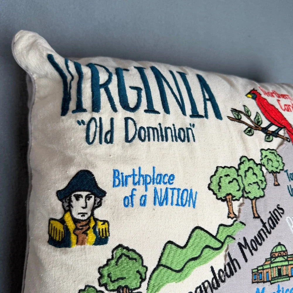 Catstudio Virginia State Hand Embroidered Pillow Old Dominion Retro Map Accent